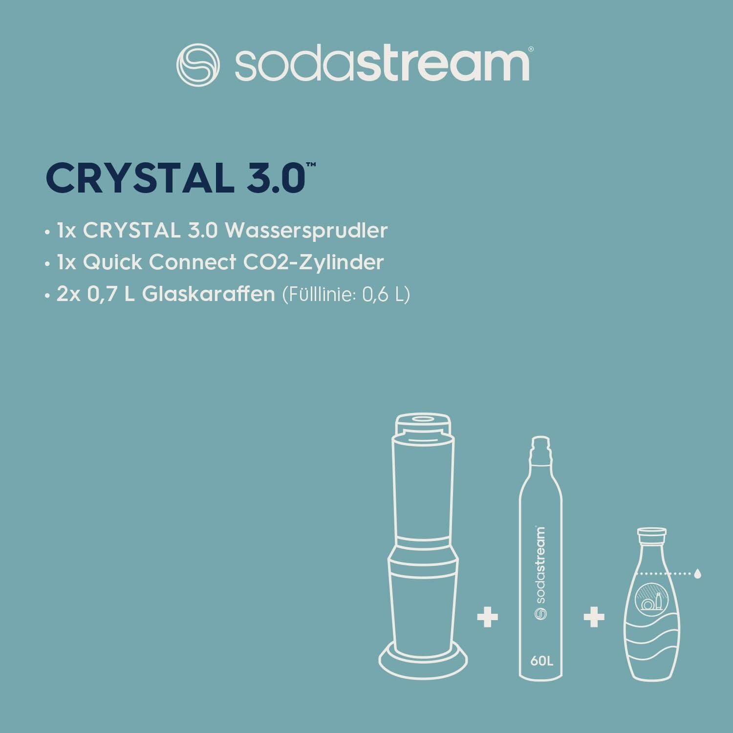 wassersprudler crystal 3.0 quick connect co2 zylinder und 2x glaskaraffen, silber, schwarz/titan, 45 cm