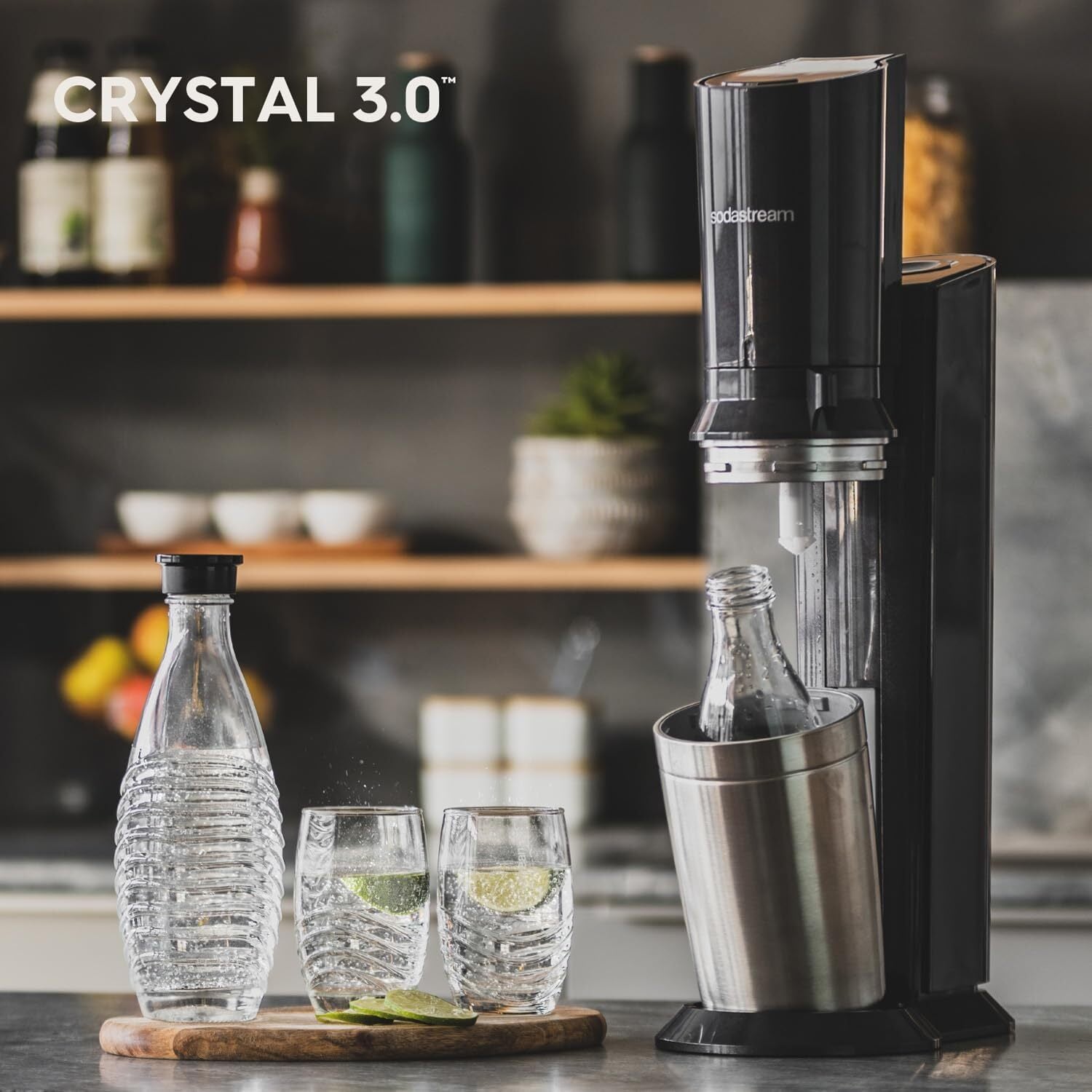 wassersprudler crystal 3.0 quick connect co2 zylinder und 2x glaskaraffen, silber, schwarz/titan, 45 cm