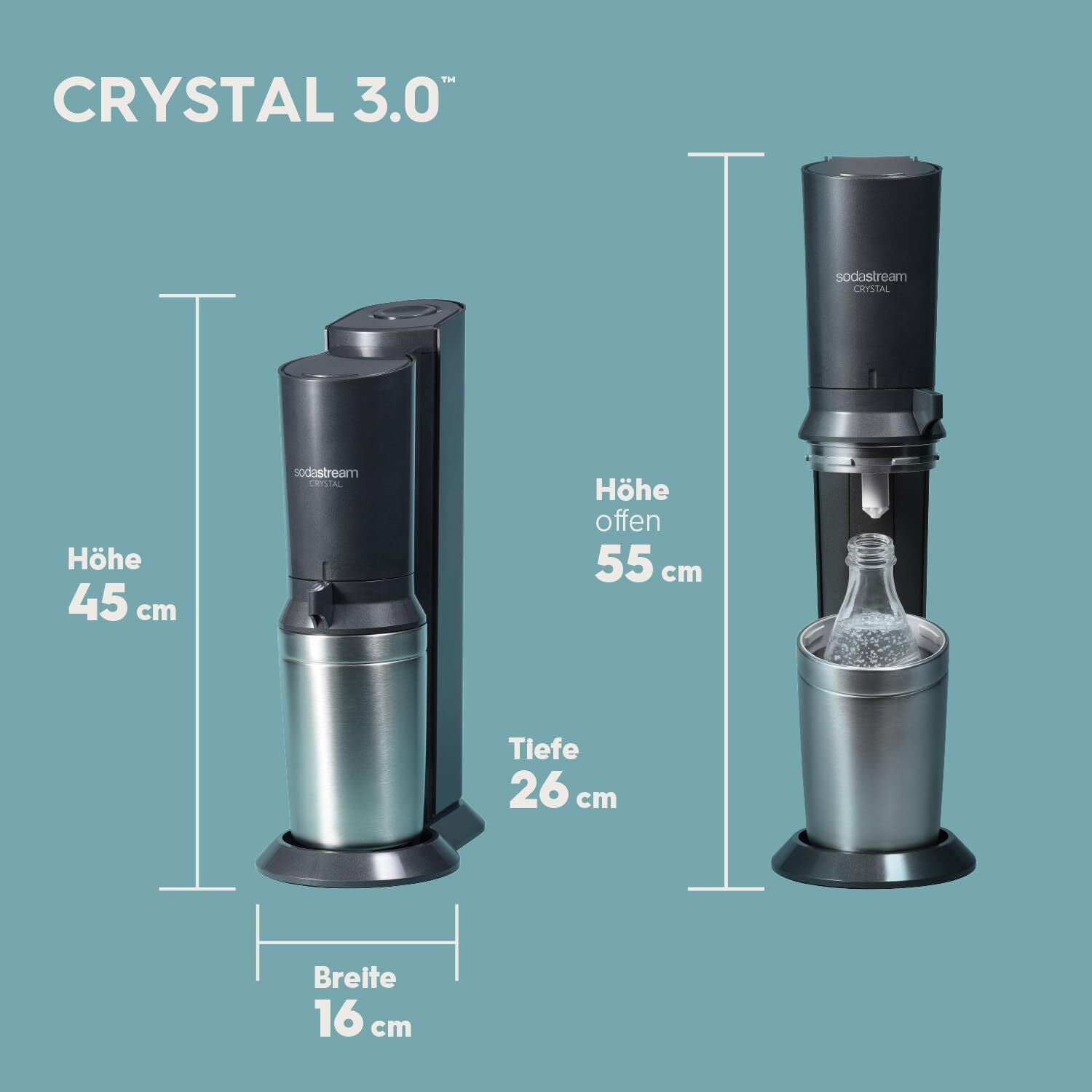 wassersprudler crystal 3.0 quick connect co2 zylinder und 2x glaskaraffen, silber, schwarz/titan, 45 cm