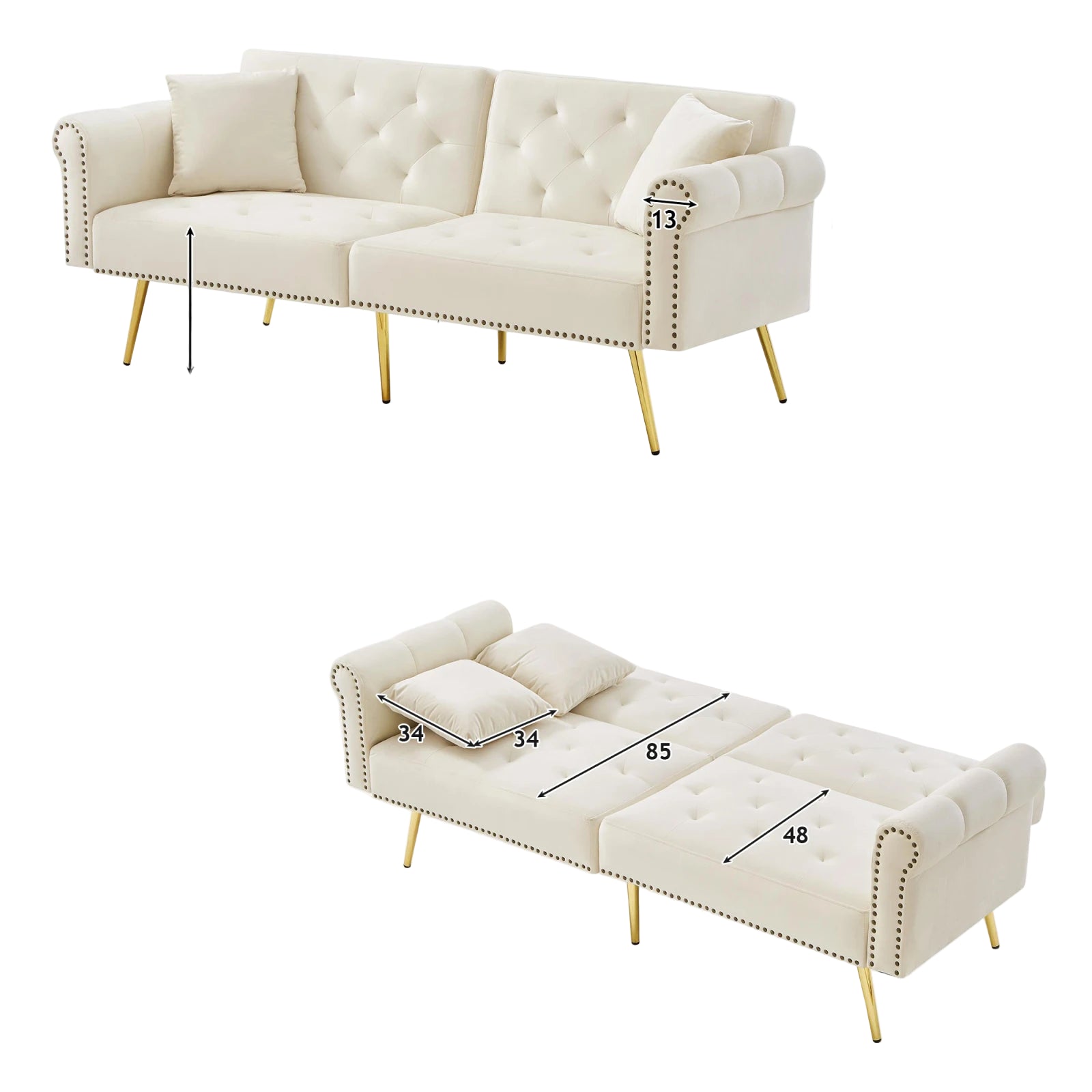 2-Sitzer-Schlafsofa aus Samt – mit verstellbarer Rückenlehne & Metallfüßen