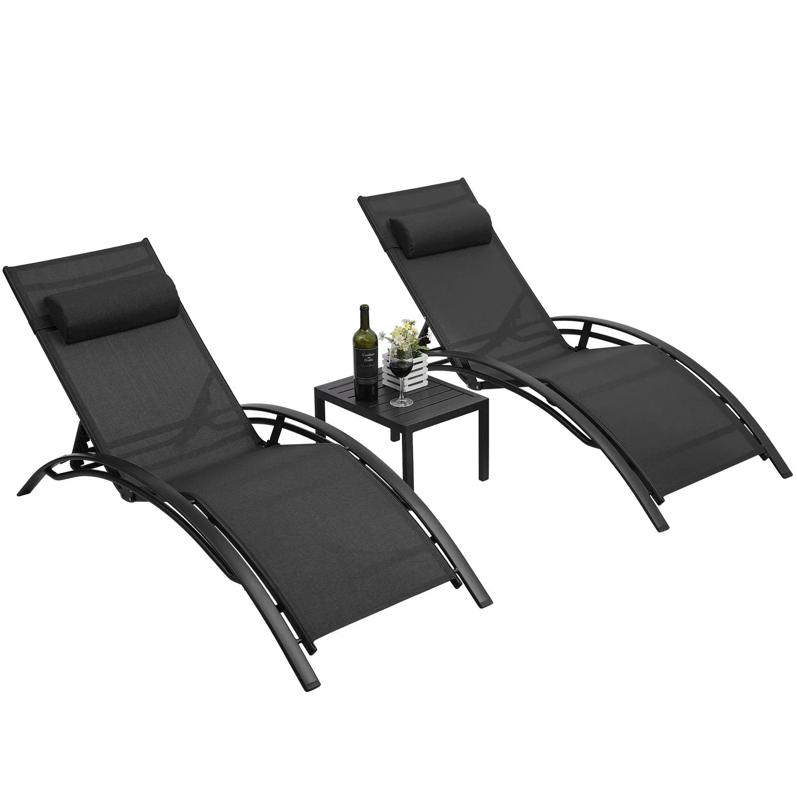 Garten-Sonnenliegen 2er-Set mit Beistelltisch & Kissen – Aluminium, wetterbeständig, 5-fach verstellbar