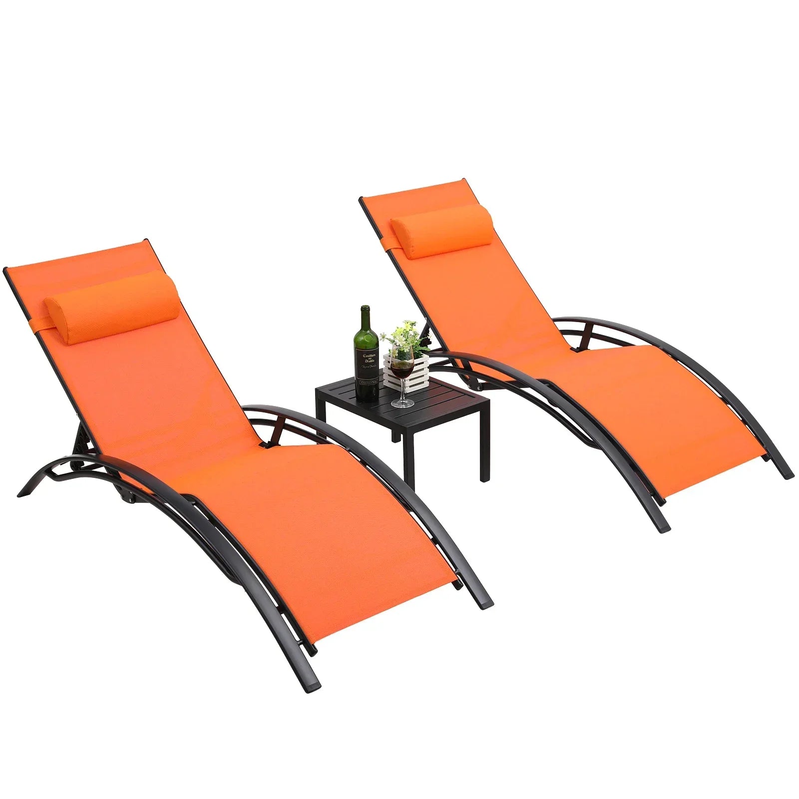 Garten-Sonnenliegen 2er-Set mit Beistelltisch & Kissen – Aluminium, wetterbeständig, 5-fach verstellbar
