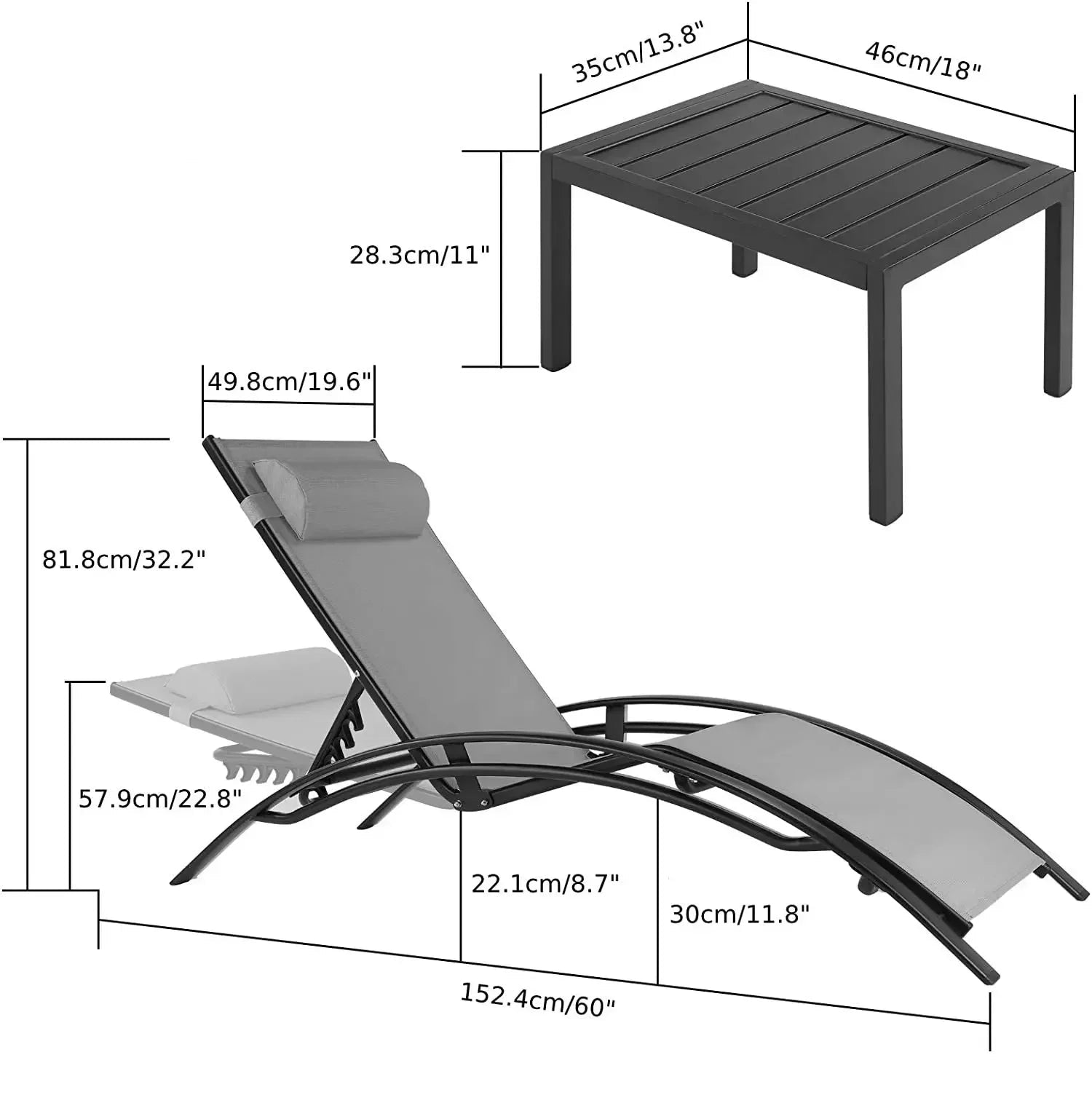 Garten-Sonnenliegen 2er-Set mit Beistelltisch & Kissen – Aluminium, wetterbeständig, 5-fach verstellbar