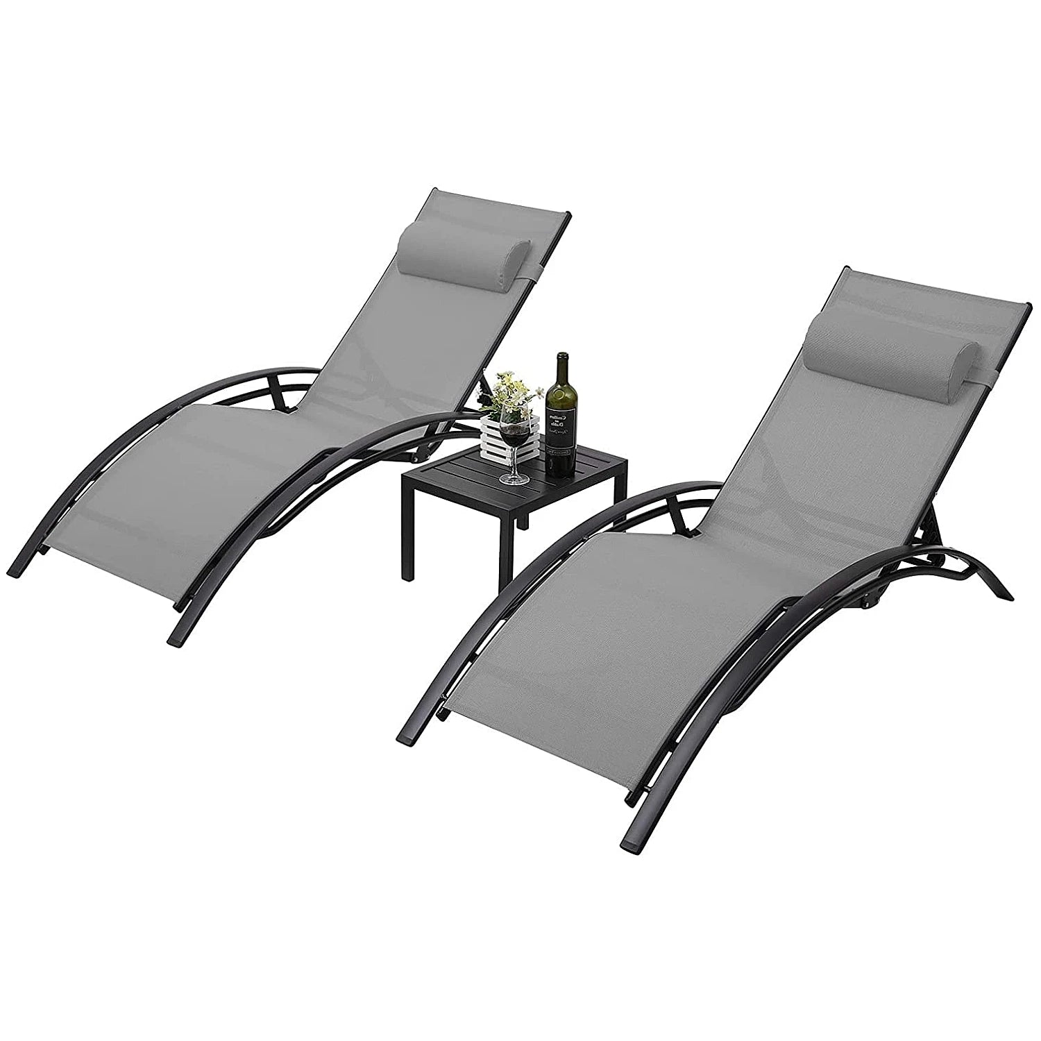 Garten-Sonnenliegen 2er-Set mit Beistelltisch & Kissen – Aluminium, wetterbeständig, 5-fach verstellbar
